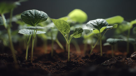 Fresh green seedlings are emerging from rich dark soil, creating a vibrant indoor garden scene that symbolizes growth and renewal.の素材