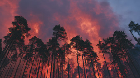 A stunning view of tall pine trees silhouetted against a dramatic sunset sky filled with fiery clouds, creating a breathtaking atmosphere.の素材