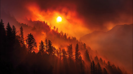 Immerse yourself in a stunning sunset scene where the sun sets behind majestic mountains, casting fiery colors over pine trees. Ideal for nature enthusiasts.の素材