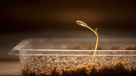A captivating close-up of a young plant sprout emerging from rich soil, emphasizing the beauty of new growth in natural light.の素材
