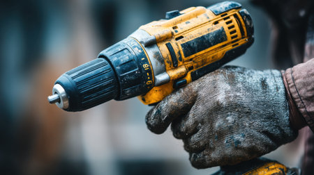 A detailed image of a worker's hand gripping an electric drill, showcasing worn gloves on a construction site and emphasizing the tools of industry.の素材
