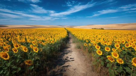 A breathtaking view of a sunflower field stretches under a bright blue sky, with a dirt pathway leading to the horizon, showcasing nature's vibrant beauty.の素材