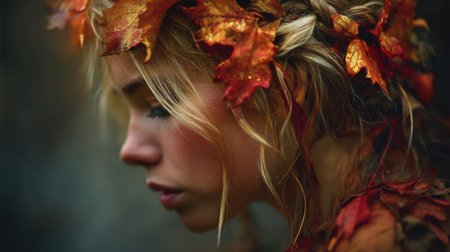 This enchanting portrait captures a young woman adorned with autumn leaves. Her serene expression and soft focus create an ethereal atmosphere, celebrating the beauty of nature.の素材