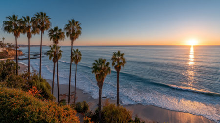 Witness the beauty of a serene beach at sunset, featuring palm trees silhouetted against a vivid sky and gentle ocean waves. Enjoy the tranquility.の素材