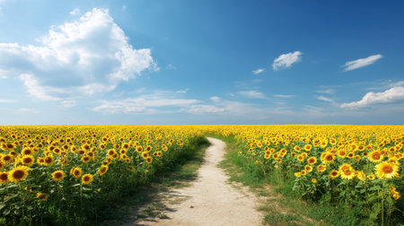 An expansive sunflower field stretches out under a clear blue sky, featuring a winding dirt path inviting travelers into the cheerful landscape of nature.の素材