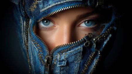 This striking close-up portrait showcases a model with captivating blue eyes and a unique denim jacket featuring a zipper. The image emphasizes creativity and style through texture and detail, making it ideal for fashion or art themes.の素材