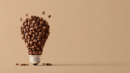 This image features a light bulb creatively crafted from coffee beans, set against a neutral background, symbolizing energy and innovation in a minimalist style.の素材
