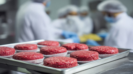 A tray of freshly made beef patties sits in focus, while chefs in white attire prepare food in a modern kitchen setting, emphasizing food hygiene and quality.の素材