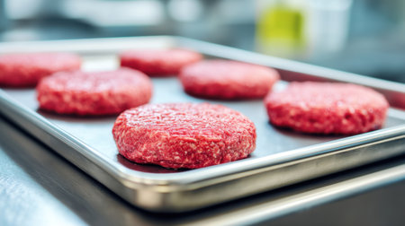 Fresh raw ground beef patties are arranged on a stainless steel tray, ready to be grilled or cooked in a busy kitchen setting.の素材