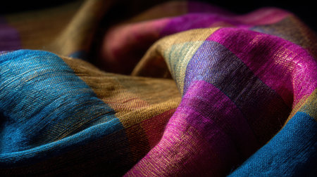 Close-up view of vibrant silk fabric displaying a colorful checkered pattern. The soft drapery and rich textures create a luxurious and artistic look.の素材