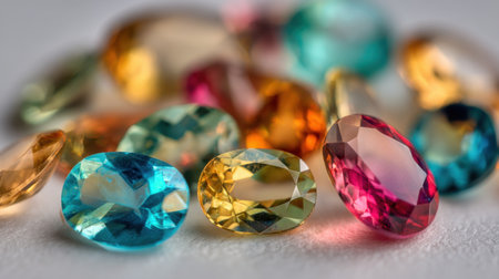 A visually stunning collection of colorful gemstones features various shapes and sizes. Each gem sparkles brilliantly, showcasing natural beauty and luxury.の素材