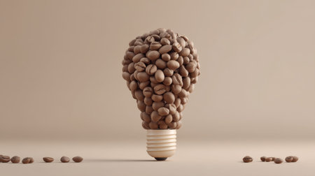 A unique representation of a light bulb crafted from coffee beans, symbolizing creativity and inspiration in coffee culture and lifestyle.の素材