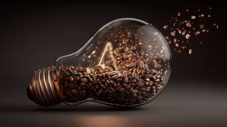 This striking image showcases a light bulb filled with roasted coffee beans, creating a dynamic blend of creativity and flavor, ideal for culinary themes.の素材