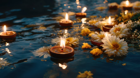 A captivating scene featuring floating candles and delicate flowers on calm water, evoking tranquility and warmth during a serene evening.の素材