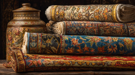 An enchanting assortment of traditional textiles featuring vibrant colors and intricate patterns, accompanied by an elegantly designed container, showcasing artisanal craftsmanship and cultural heritage.の素材