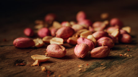 This image showcases a collection of raw unshelled peanuts scattered on a rustic wooden surface, illuminated by natural light. Perfect for culinary-themed projects.の素材
