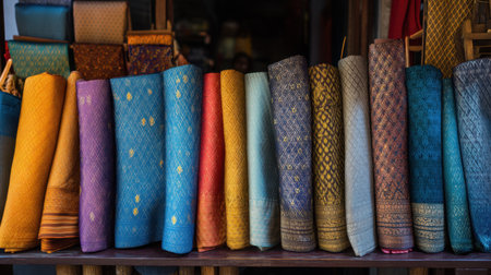 A vibrant collection of traditional fabrics in a textile shop, showcasing an array of colors and intricate textures, ideal for fashion and decor.の素材