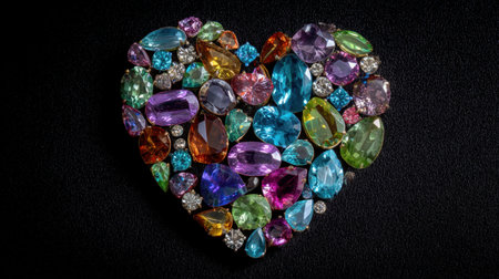 This captivating heart-shaped arrangement features an array of colorful gemstones and diamonds, creating an artistic piece suitable for various design projects.の素材