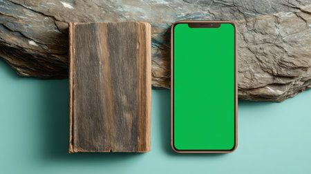 This image features a modern smartphone placed next to a rustic book on a textured stone background. The green screen on the phone offers a versatile template for various creative projects.の素材