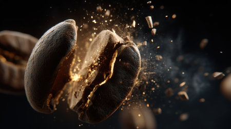 A dramatic close-up of a coffee bean bursting apart showcases the energy and flavor within. The dark backdrop highlights the dynamic motion and textures.の素材
