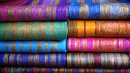 This image showcases a stunning array of colorful textiles with intricate stripes and patterns, beautifully stacked for display. Perfect for design inspiration!の素材