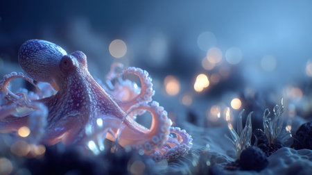 A mesmerizing octopus rests gracefully on the ocean floor, illuminated by soft blue light and surrounded by sparkling bokeh effects. This enchanting scene captures the beauty of marine life in a tranquil underwater world.の素材