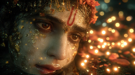 This captivating close-up portrait showcases a serene expression adorned with flowers and illuminated lights, beautifully highlighting spiritual devotion and heartfelt emotion.の素材