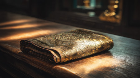 This stunning image features a luxurious golden fabric resting on a smooth wooden surface, illuminated by warm natural light. The intricate patterns and textures create an exquisite visual experience, perfect for showcasing elegance and craftsmanship in any design project.の素材