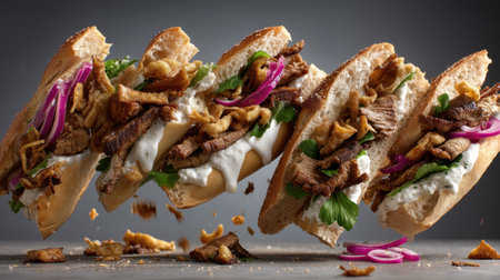 A visually striking arrangement of sandwiches featuring grilled meat, fresh herbs, and vibrant toppings, perfect for culinary enthusiasts.の素材