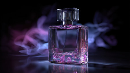 This artistic image features an elegant glass perfume bottle filled with colorful floral essence, set against a smoky background that exudes luxury and beauty.の素材