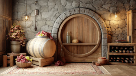 This cozy rustic wine cellar features a wooden barrel, decorative grapes, and a stone wall, creating an inviting atmosphere perfect for gatherings.の素材