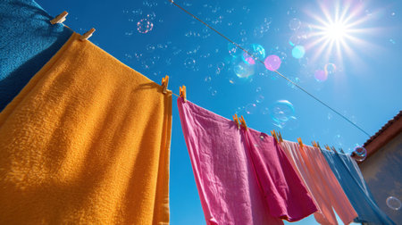 Colorful towels dangle from a clothesline, illuminated by bright sunlight and surrounded by playful soap bubbles against a vivid blue sky.の素材