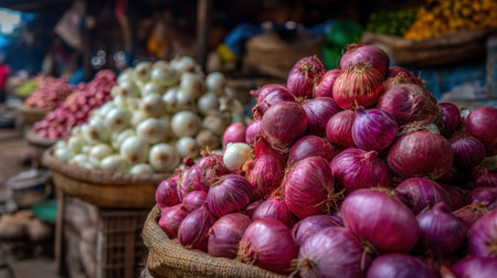 An inviting display of fresh red and white onions fills the foreground at a vibrant local market, surrounded by an array of colorful vegetables, showcasing the essence of fresh and organic produce.の素材