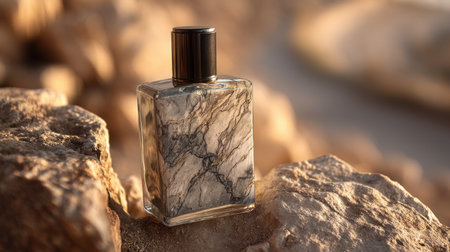 A stunning glass bottle featuring a marble design is artfully showcased on textured rocks, perfect for fragrance or cosmetic product displays.の素材