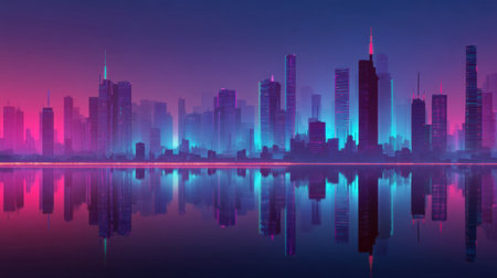 This captivating image showcases a vibrant city skyline at dusk, featuring glowing neon colors reflecting on a serene water surface, creating a dreamlike atmosphere.の素材