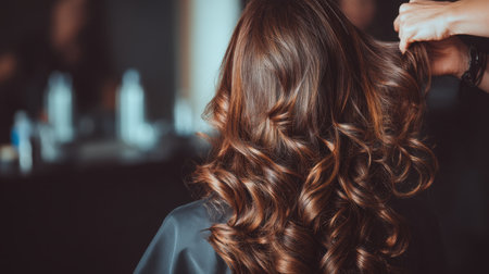 A woman with long, shiny curls enjoys a stylish hair treatment at a modern salon. The warm lighting enhances her beauty, showcasing the elegance of salon life.の素材