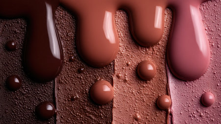 An artistic representation of colorful liquid chocolate drips creates a mesmerizing visual effect, showcasing varying shades of brown and pink on a smooth surface, ideal for culinary or design themes.の素材