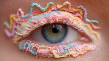 A stunning close-up of an eye adorned with colorful, textured makeup. The unique design features vibrant ribbons that enhance artistic expression and creativity.の素材