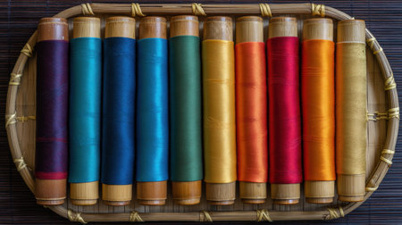 An artistic display of colorful spools of thread on a bamboo tray, perfect for showcasing crafting materials. Ideal for textile enthusiasts and creators.の素材