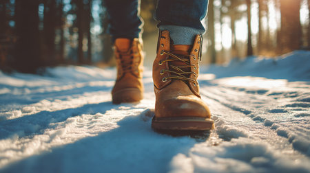 A close-up perspective of sturdy boots walking through a snowy trail, surrounded by trees, capturing the essence of winter adventure and exploration.の素材
