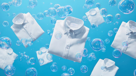 A collection of pristine white dress shirts appear to float among vibrant bubbles on a serene blue backdrop, symbolizing freshness and cleanliness.の素材