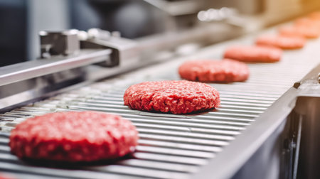 A close-up view of freshly made beef patties on a production line showcasing modern food processing technology in an industrial kitchen setting.の素材