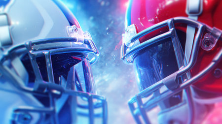 This striking image showcases two American football helmets facing each other, set against an explosive and colorful background, highlighting the intensity of competition and teamwork in sports.の素材