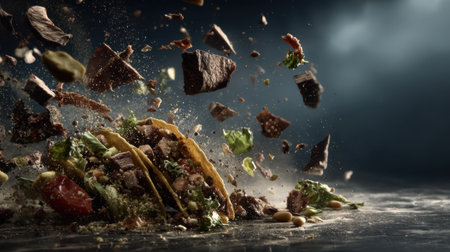 A captivating image portraying a taco bursting with fresh ingredients, showcasing a dynamic explosion that highlights flavors and textures.の素材