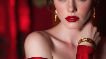 A stunning portrait of an elegant woman showcasing captivating red lips and chic accessories against a bold red backdrop, exuding confidence and allure.の素材