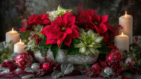 This stunning Christmas floral arrangement features vibrant red poinsettias, elegant greenery, and glowing candles, perfect for seasonal celebrations.の素材