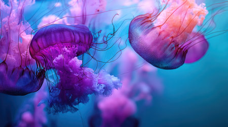 Discover the mesmerizing beauty of jellyfish gracefully floating in vibrant hues, capturing the enchanting serenity of underwater life.の素材