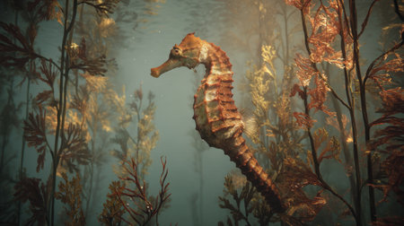 A captivating seahorse glides effortlessly through a vibrant underwater landscape, surrounded by lush aquatic plants, creating a serene ambiance.の素材