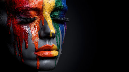 This striking image showcases a serene face adorned with vibrant rainbow paint, dripping down in an artistic display of individuality and diversity.の素材