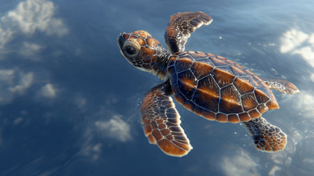 A stunning image of a baby sea turtle gliding through pristine waters, showcasing the vibrant colors and unique patterns of its shell against the serene backdrop of the ocean.の素材
